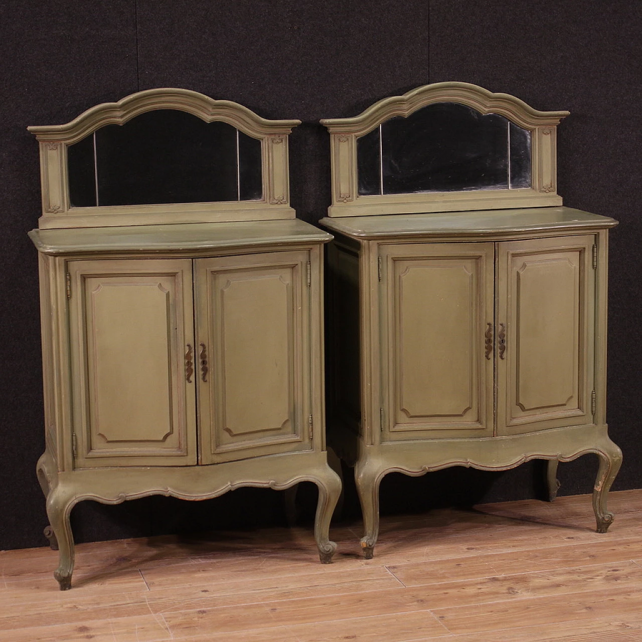 Pair of lacquered wood sideboards with mirror, 1950s 1