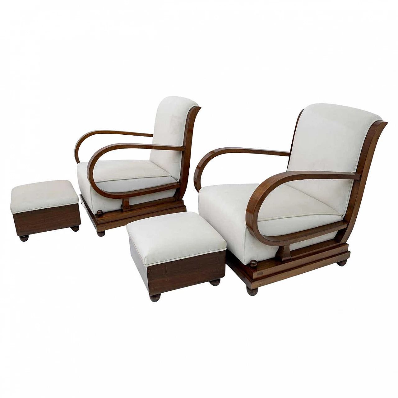 Pair of Art Deco armchairs and ottomans in walnut and velvet, 1920s 1