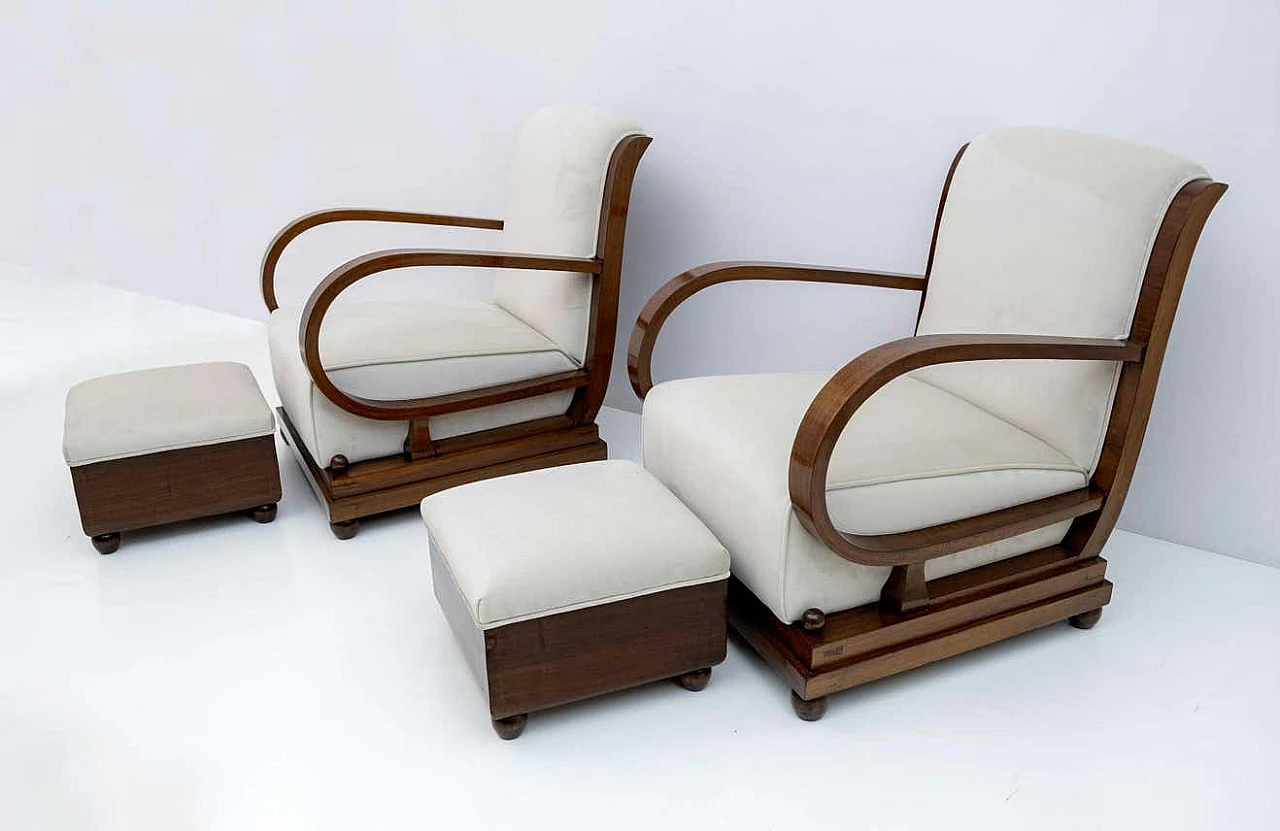 Pair of Art Deco armchairs and ottomans in walnut and velvet, 1920s 2