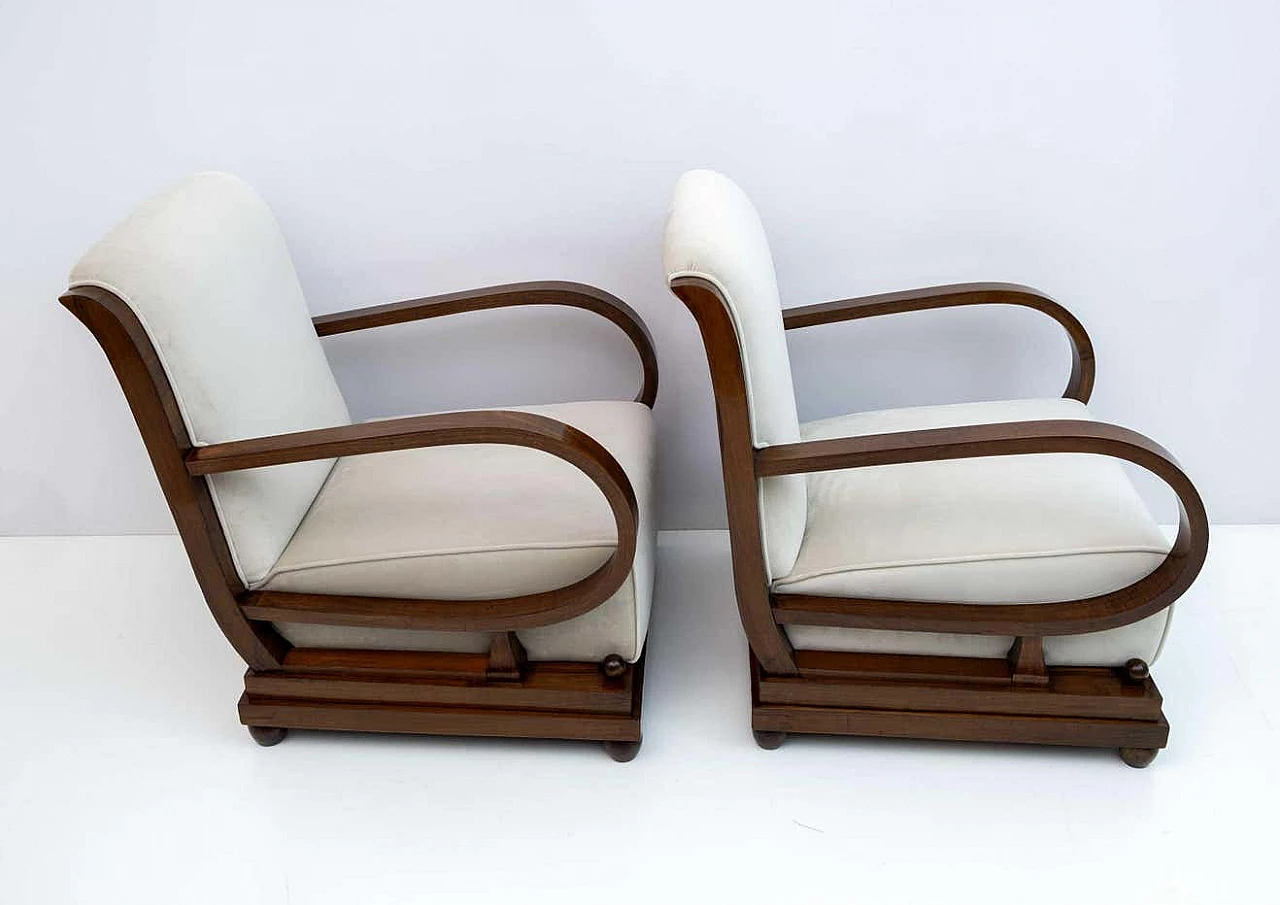 Pair of Art Deco armchairs and ottomans in walnut and velvet, 1920s 5