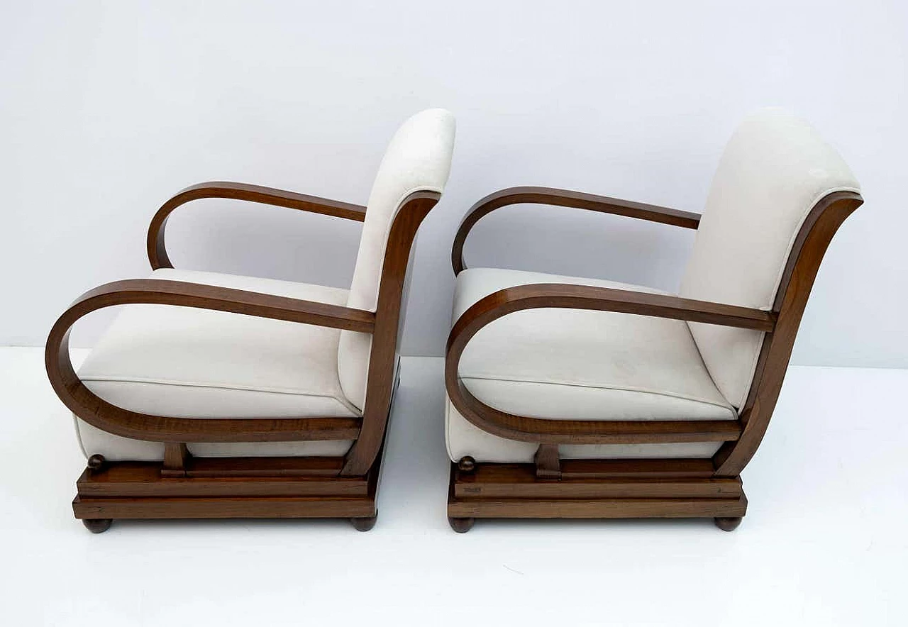 Pair of Art Deco armchairs and ottomans in walnut and velvet, 1920s 6