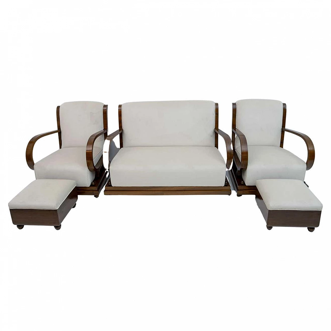 Sofa, pair of armchairs and Art Deco ottoman in walnut and velvet, 1920s 1