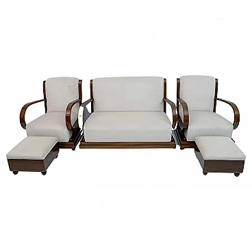 Sofa, pair of armchairs and Art Deco ottoman in walnut and velvet, 1920s