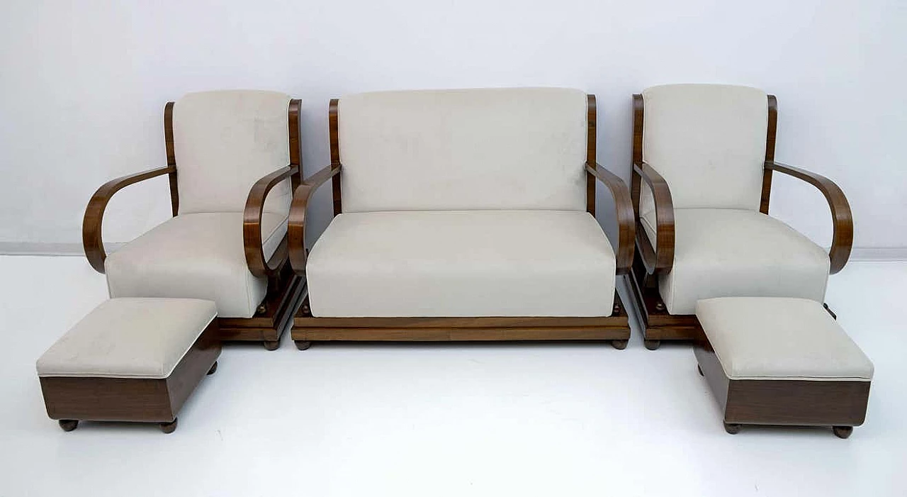 Sofa, pair of armchairs and Art Deco ottoman in walnut and velvet, 1920s 2