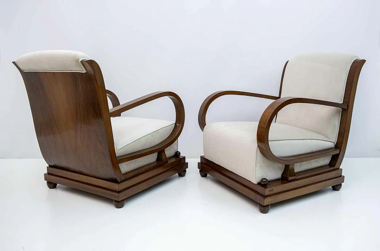 Sofa, pair of armchairs and Art Deco ottoman in walnut and velvet, 1920s 10