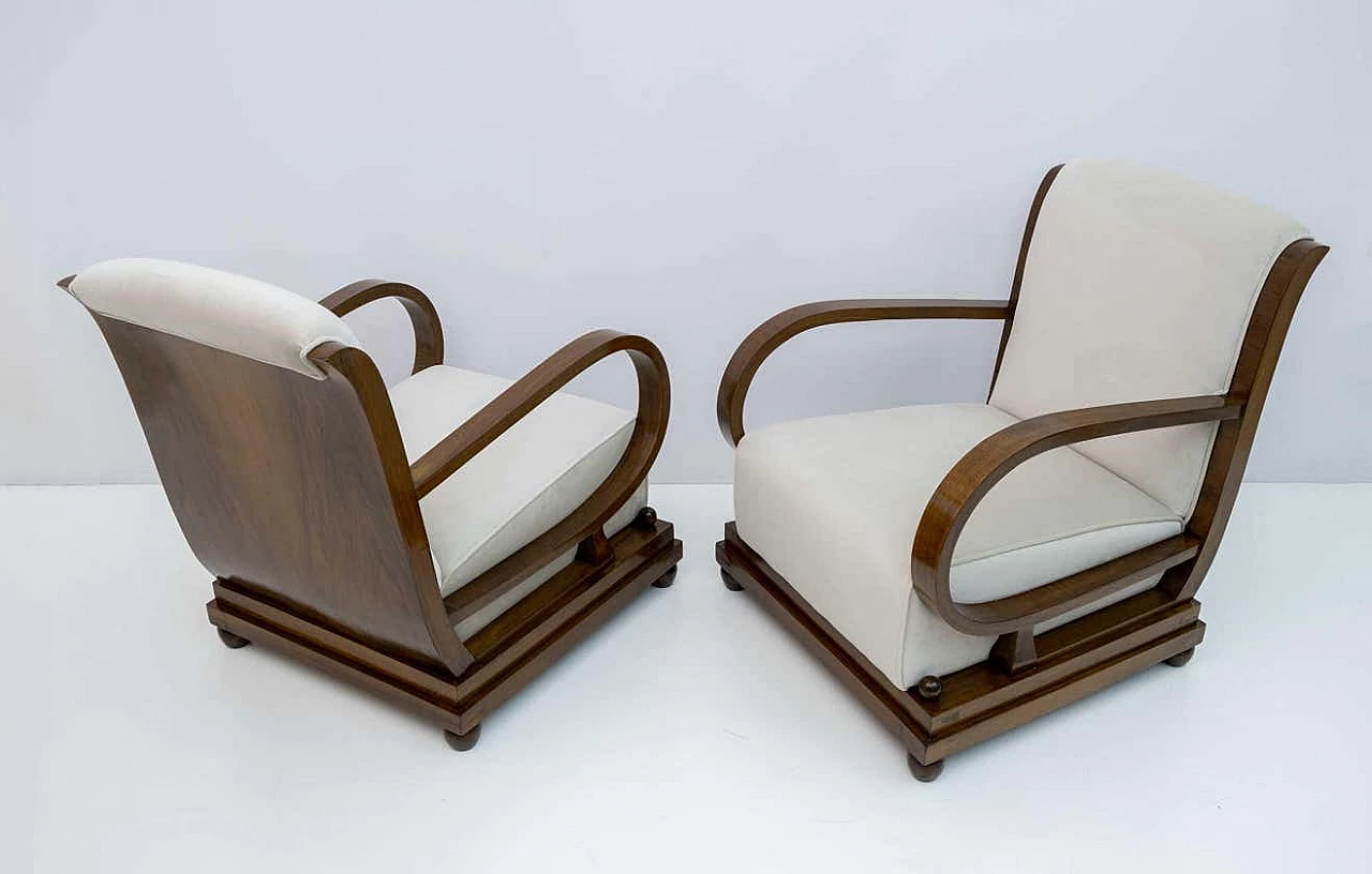 Sofa, pair of armchairs and Art Deco ottoman in walnut and velvet, 1920s 11