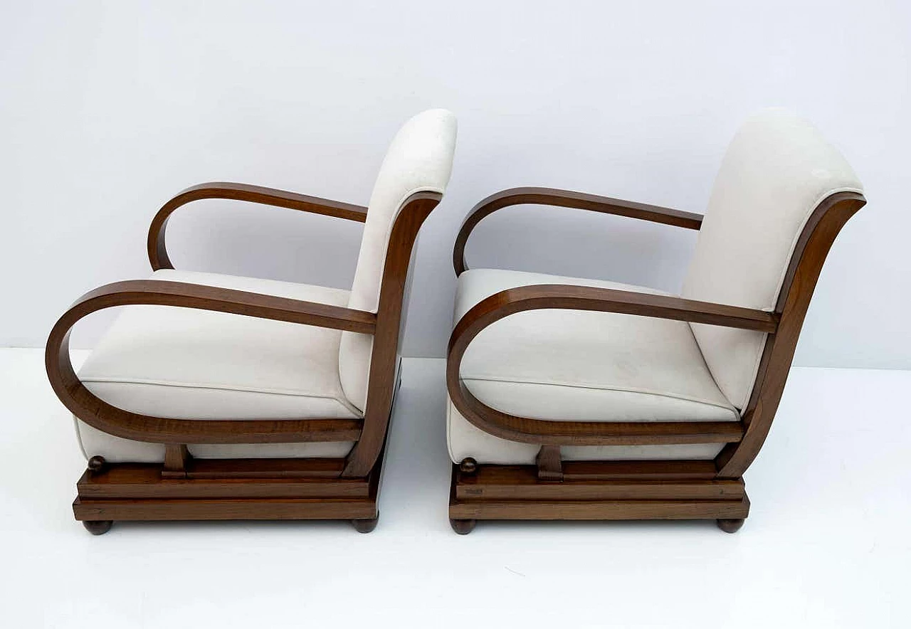 Sofa, pair of armchairs and Art Deco ottoman in walnut and velvet, 1920s 14
