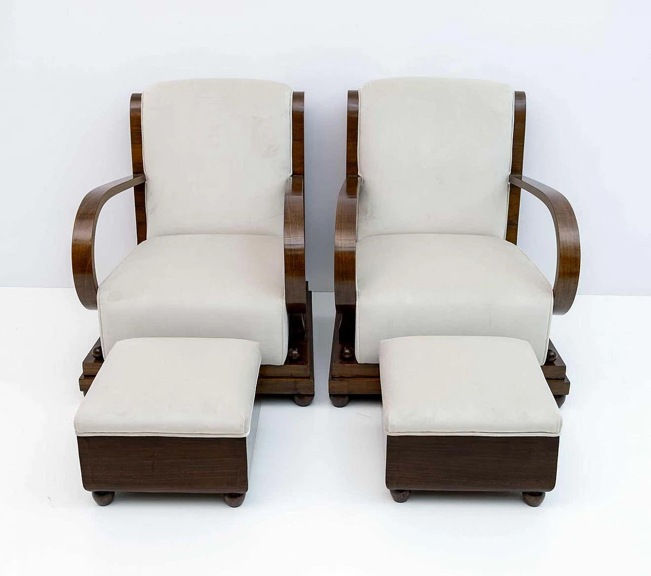 Sofa, pair of armchairs and Art Deco ottoman in walnut and velvet, 1920s 15