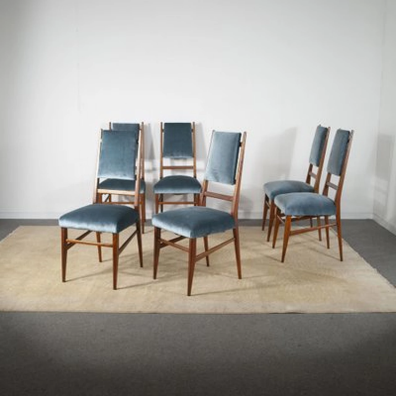 6 Chairs with velvet seat and wooden frame with slim backrest, 1950s 8