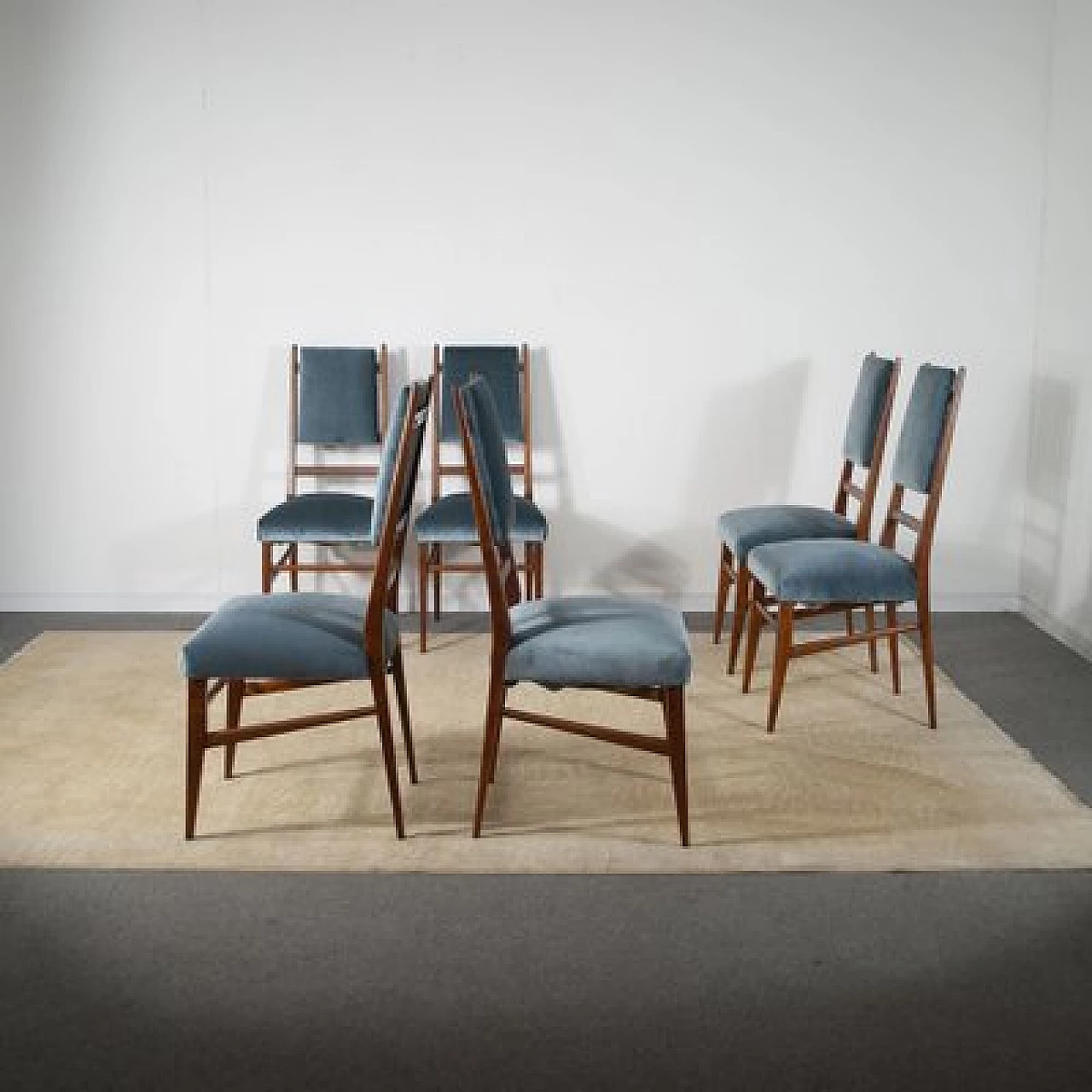 6 Chairs with velvet seat and wooden frame with slim backrest, 1950s 10