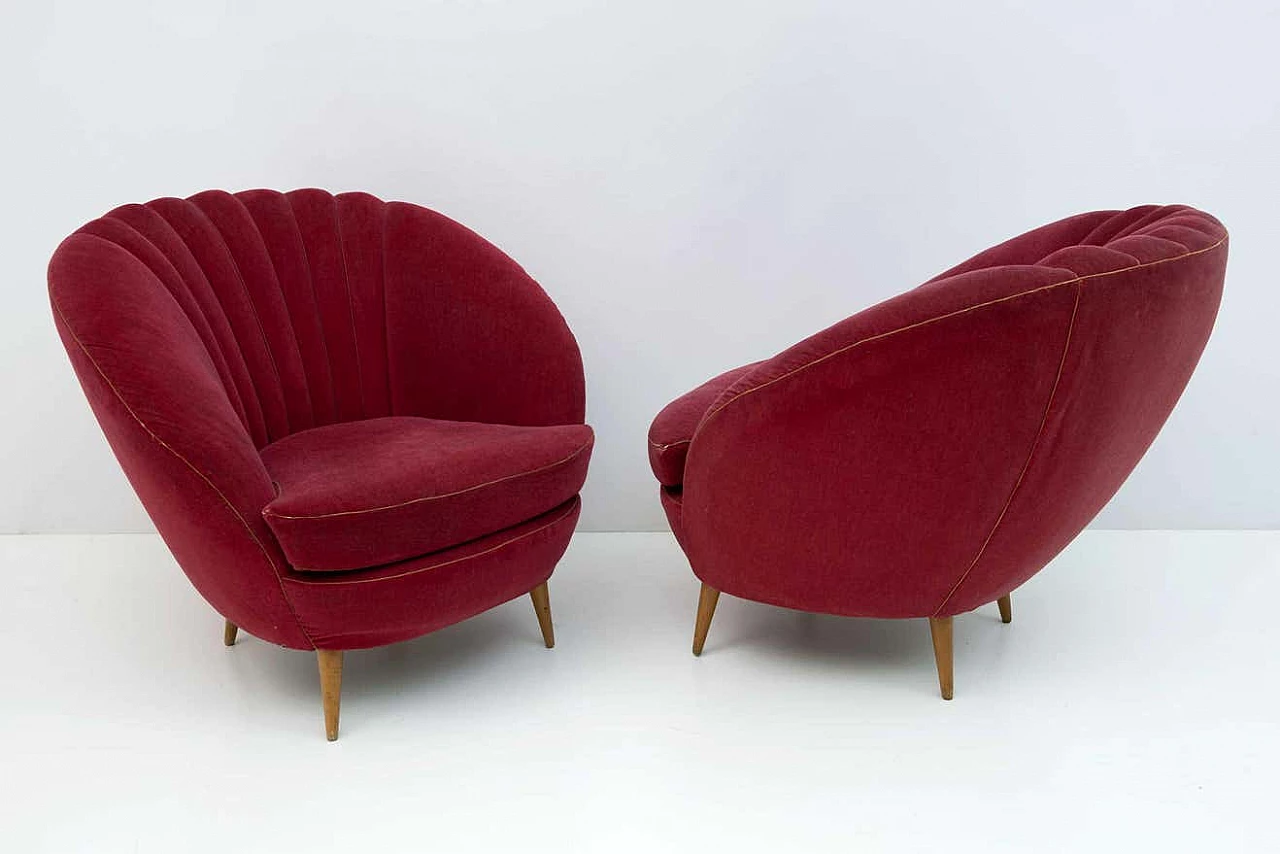Pair of red velvet Margherita armchairs by Gio Ponti for ISA Bergamo, 1950s 11