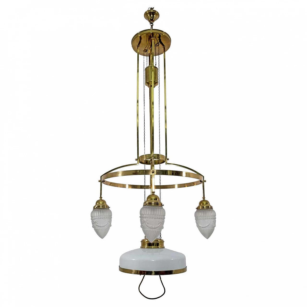 Art Nouveau brass and opaline glass adjustable chandelier, 1920s 1