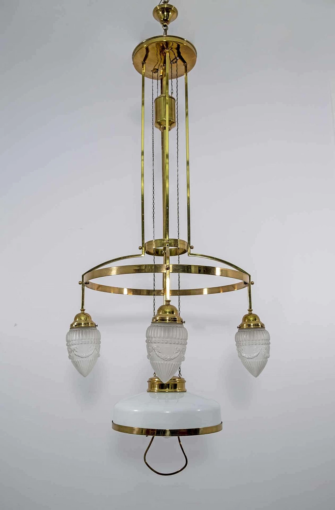 Art Nouveau brass and opaline glass adjustable chandelier, 1920s 2