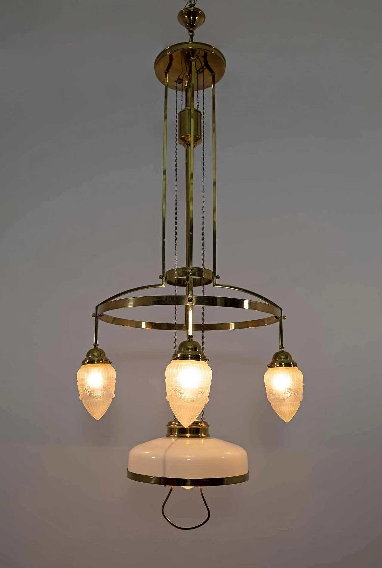 Art Nouveau brass and opaline glass adjustable chandelier, 1920s 3