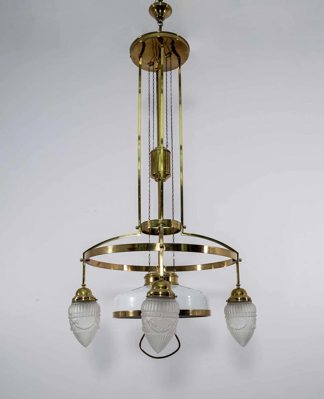 Art Nouveau brass and opaline glass adjustable chandelier, 1920s 4