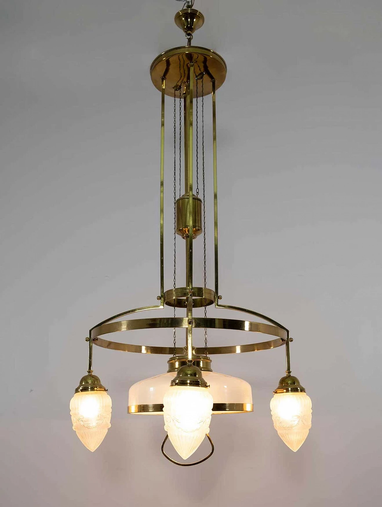 Art Nouveau brass and opaline glass adjustable chandelier, 1920s 5