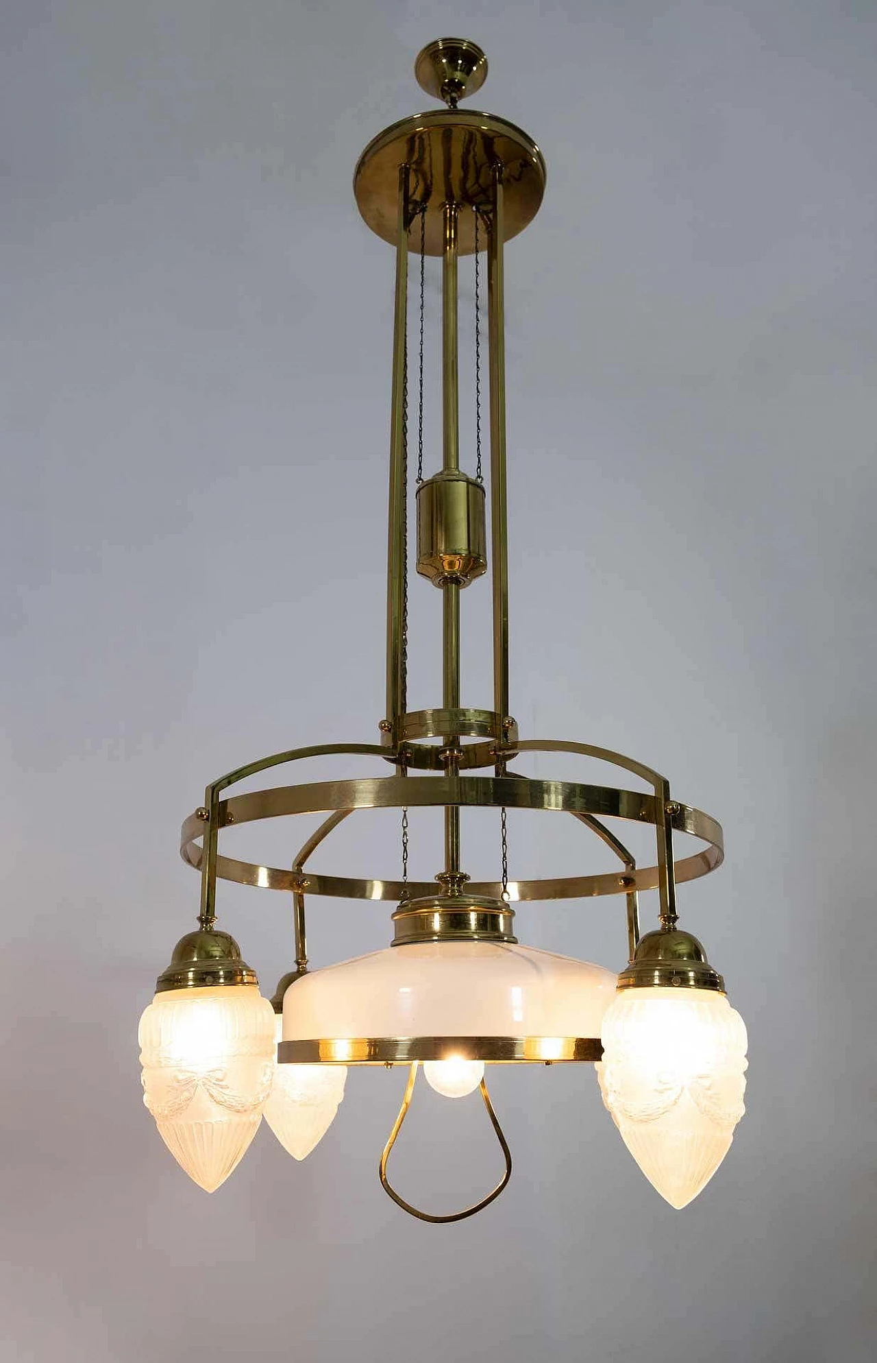 Art Nouveau brass and opaline glass adjustable chandelier, 1920s 6
