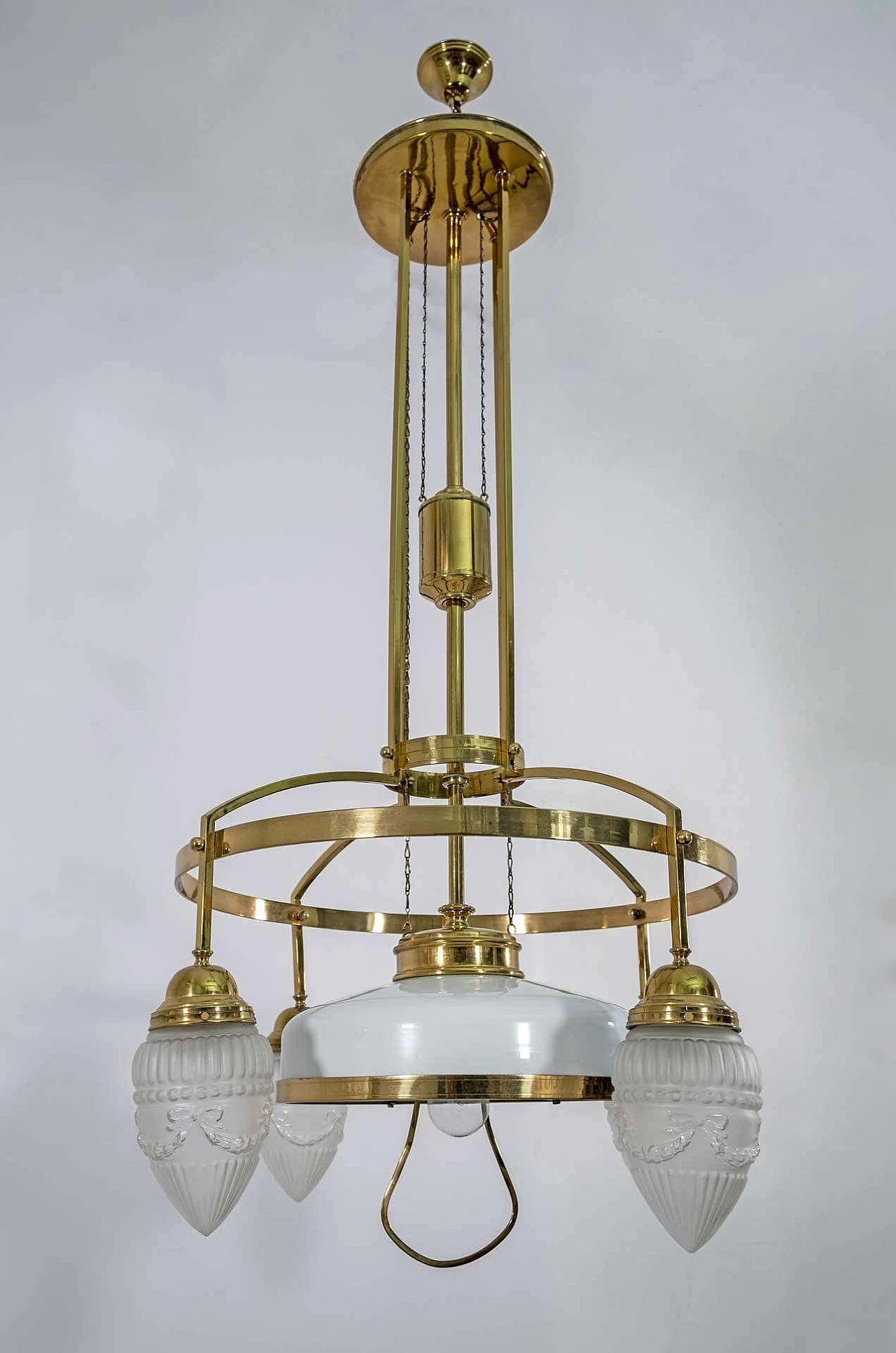 Art Nouveau brass and opaline glass adjustable chandelier, 1920s 7