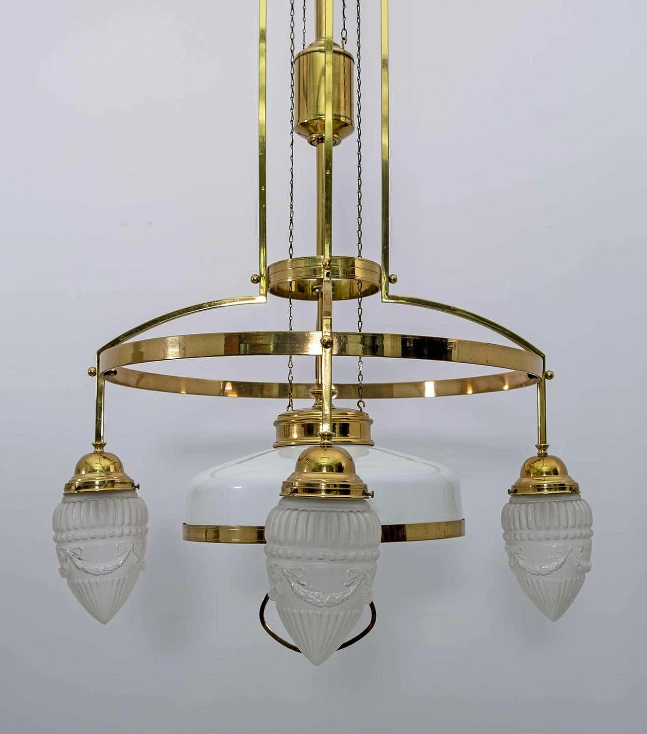Art Nouveau brass and opaline glass adjustable chandelier, 1920s 8