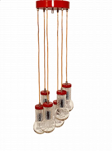 Red metal and glass chandelier in the style of Stilnovo, 1950s