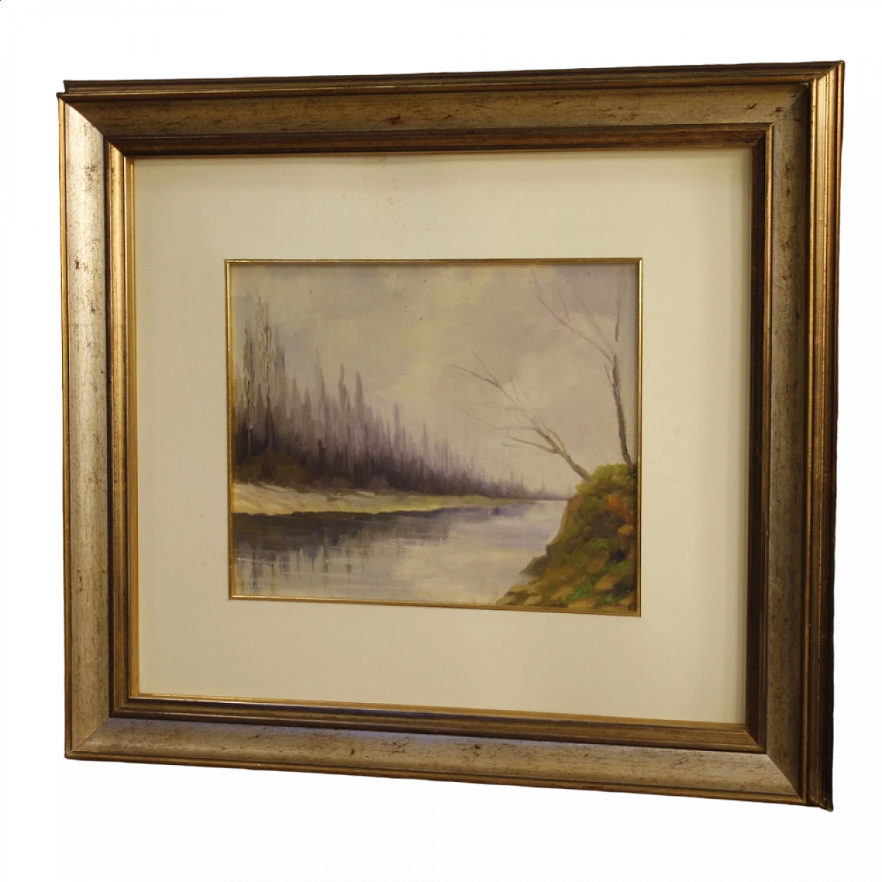 Carlo Musso, paesaggio con fiume, dipinto a olio su tavola 13