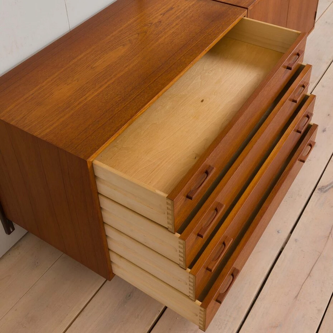 Danish modular wall-mounted teak bookcase with cupboard and drawers by K. Kristiansen, 1960s 13