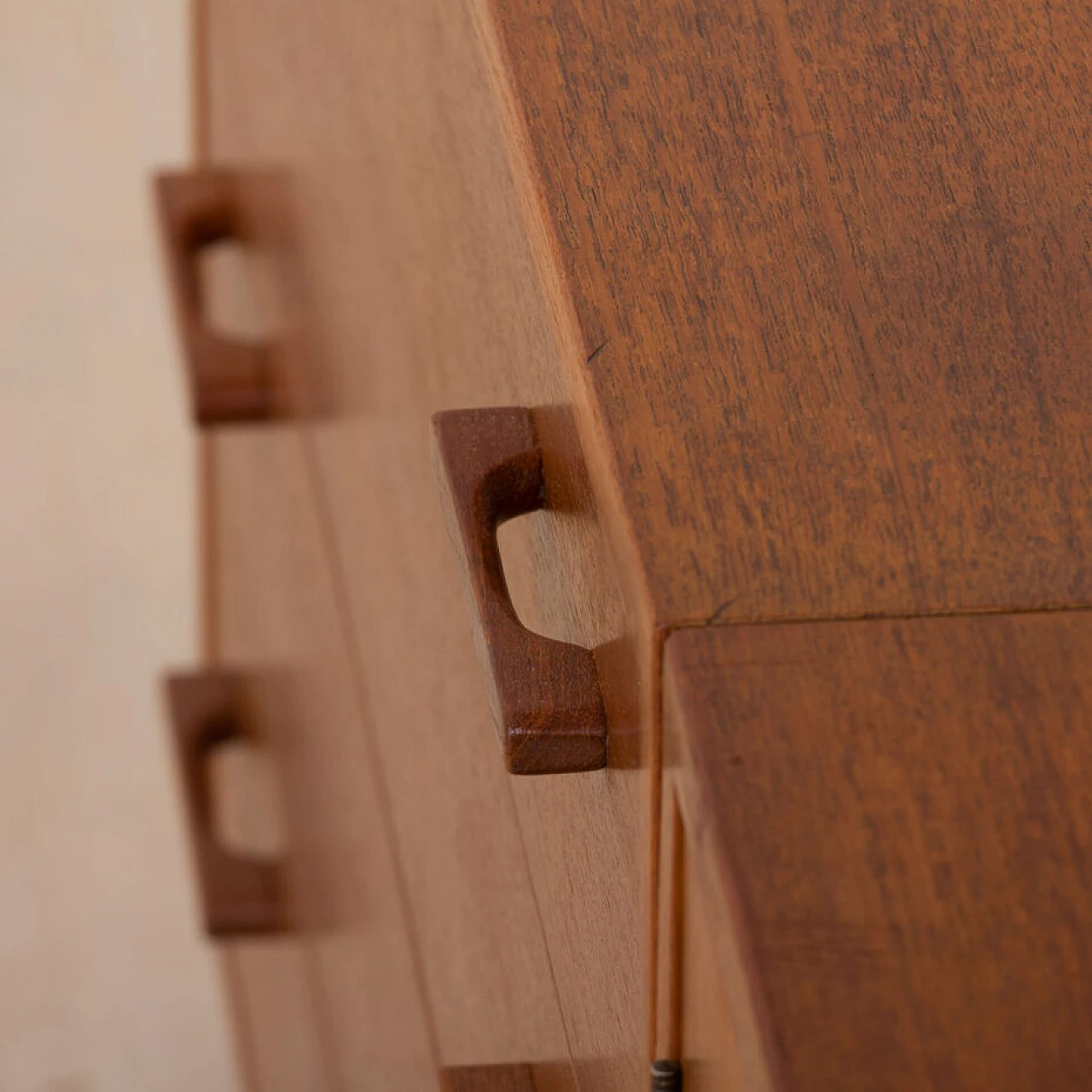 Danish modular wall-mounted teak bookcase with cupboard and drawers by K. Kristiansen, 1960s 14