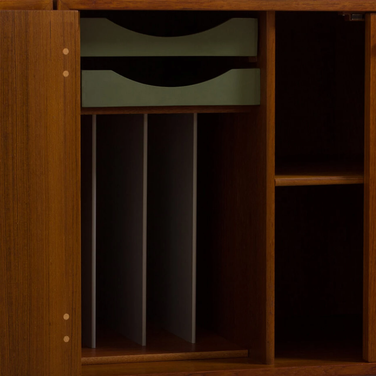 Danish modular wall-mounted teak bookcase with cupboard and drawers by K. Kristiansen, 1960s 16
