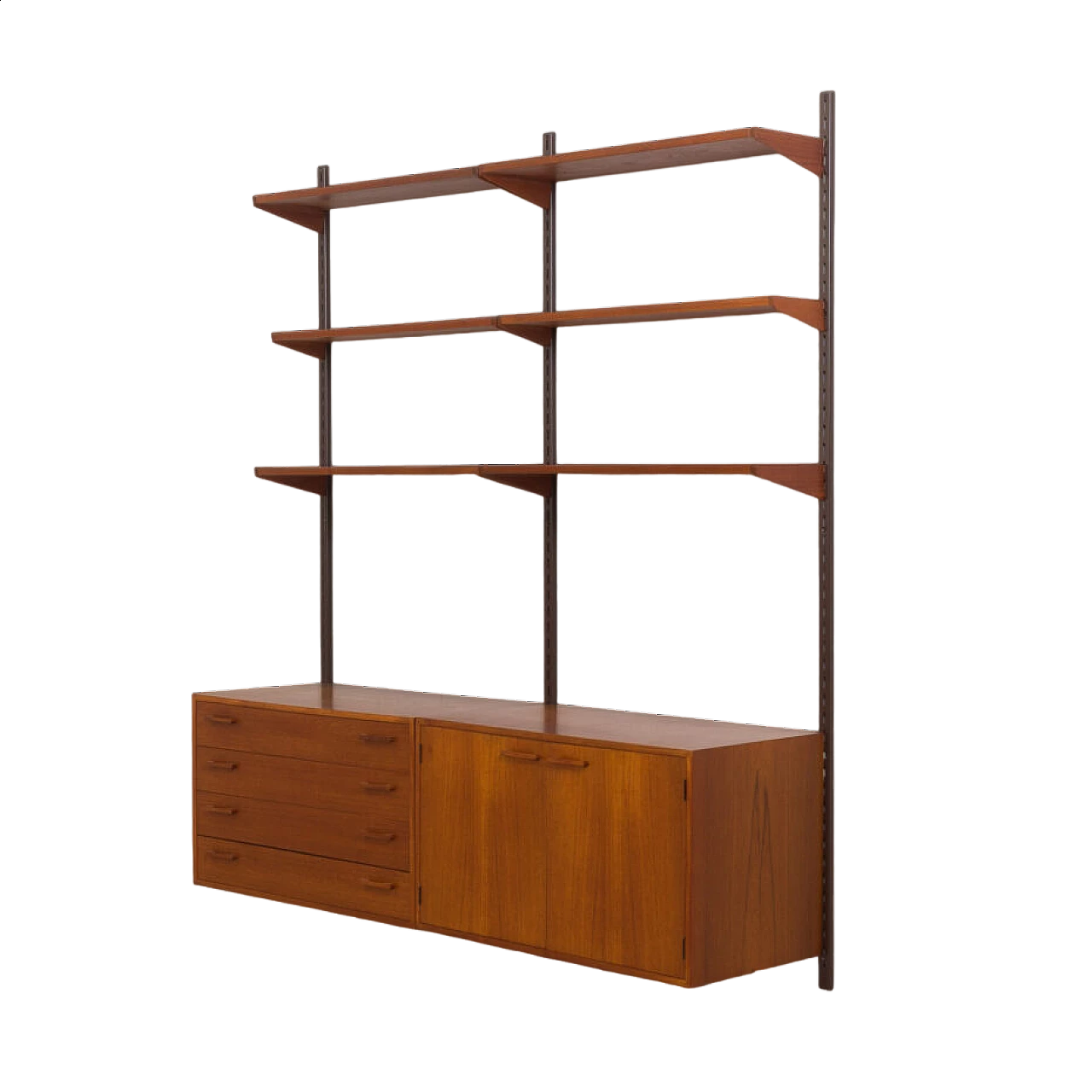 Danish modular wall-mounted teak bookcase with cupboard and drawers by K. Kristiansen, 1960s 23