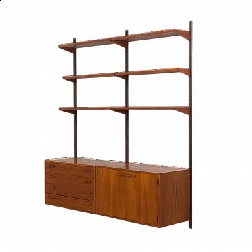 Danish modular wall-mounted teak bookcase with cupboard and drawers by K. Kristiansen, 1960s