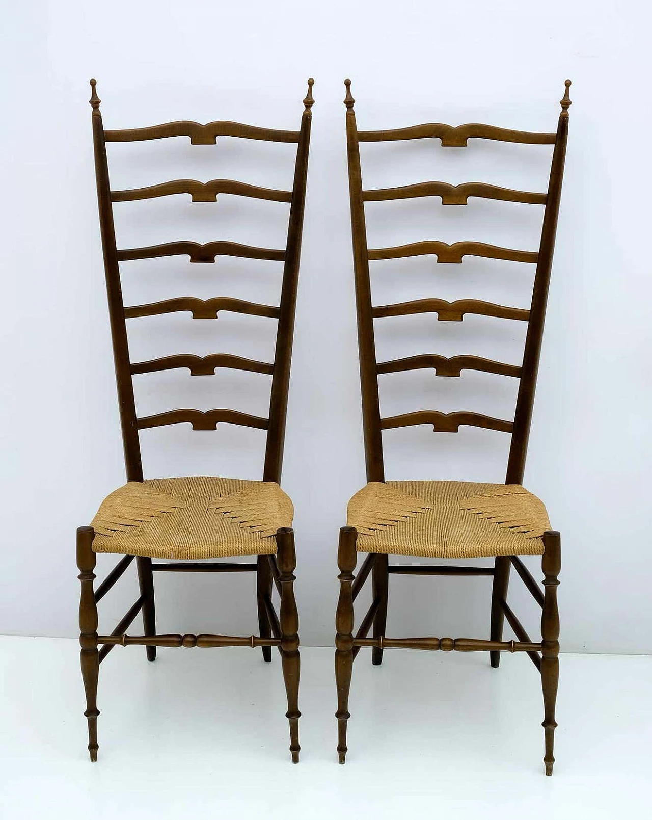 Pair of beech high-backed ladder chairs by Paolo Buffa for Chiavari, 1950s 2