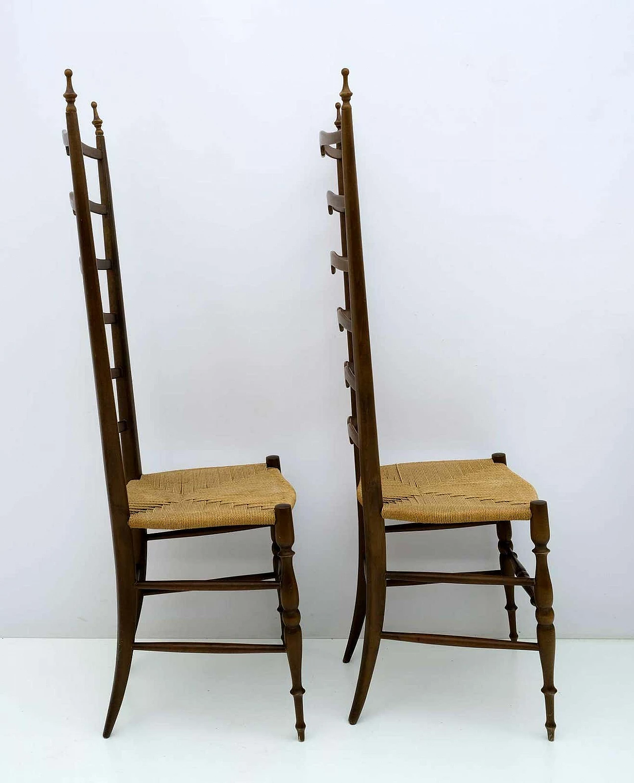 Pair of beech high-backed ladder chairs by Paolo Buffa for Chiavari, 1950s 4