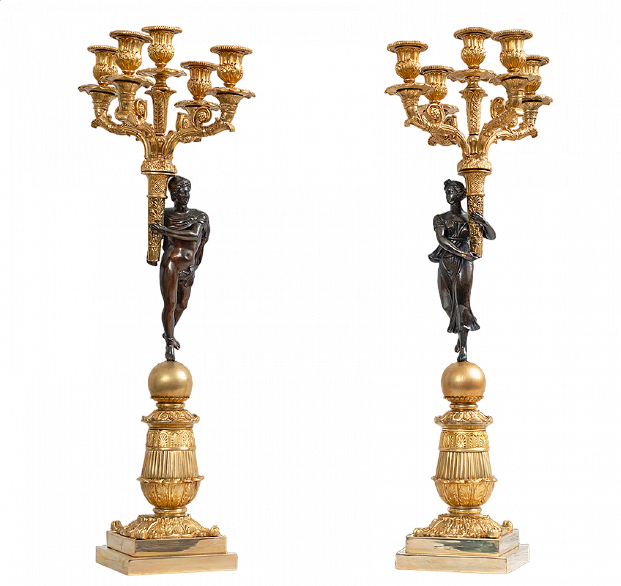 Pair of gilded and burnished bronze Empire candelabra, 19th century 6
