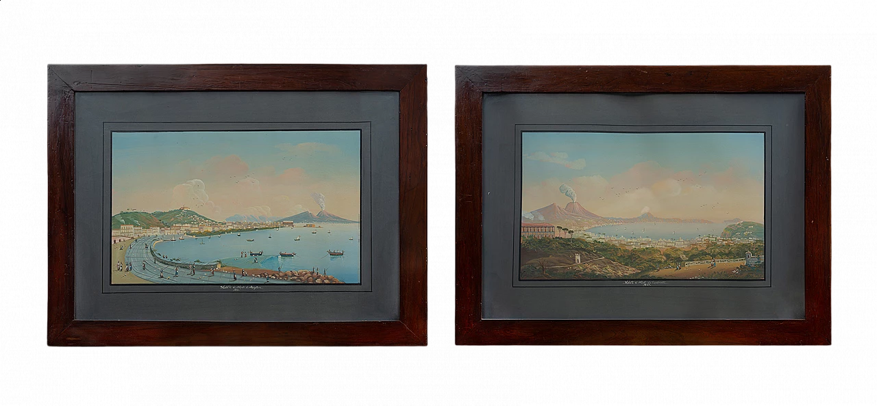 Coppia di dipinti raffiguranti vedute di Napoli, acquerello su cartone, '800 6