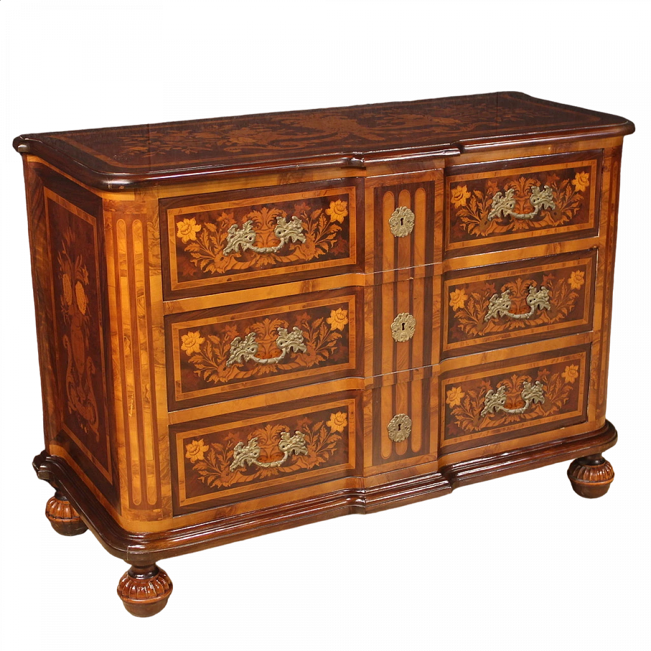 Comò intarsiato con piedi scolpiti, anni '60 13