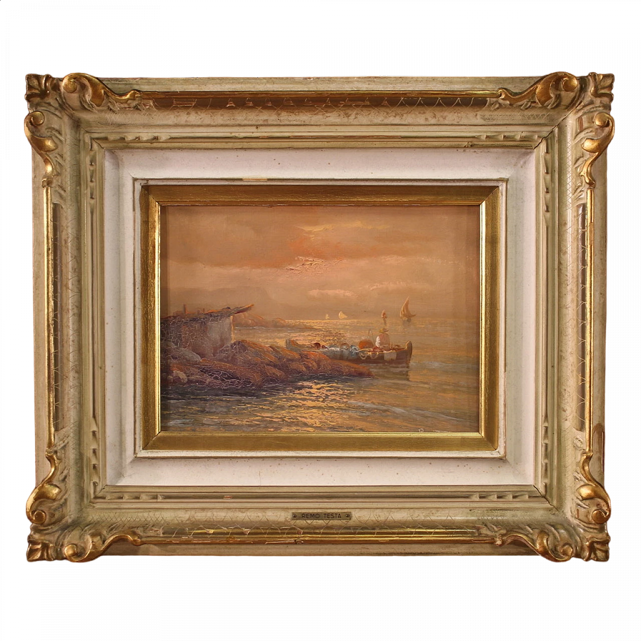 Remo Testa, dipinto di pescatori al tramonto, olio su tela, anni '50 13
