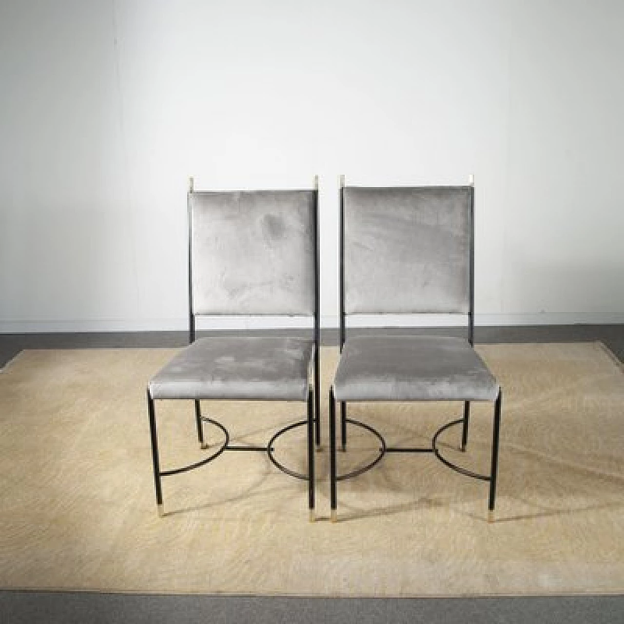 6 Chairs in iron, brass and velvet attributed to Luigi Caccia Dominioni, 1960s 1