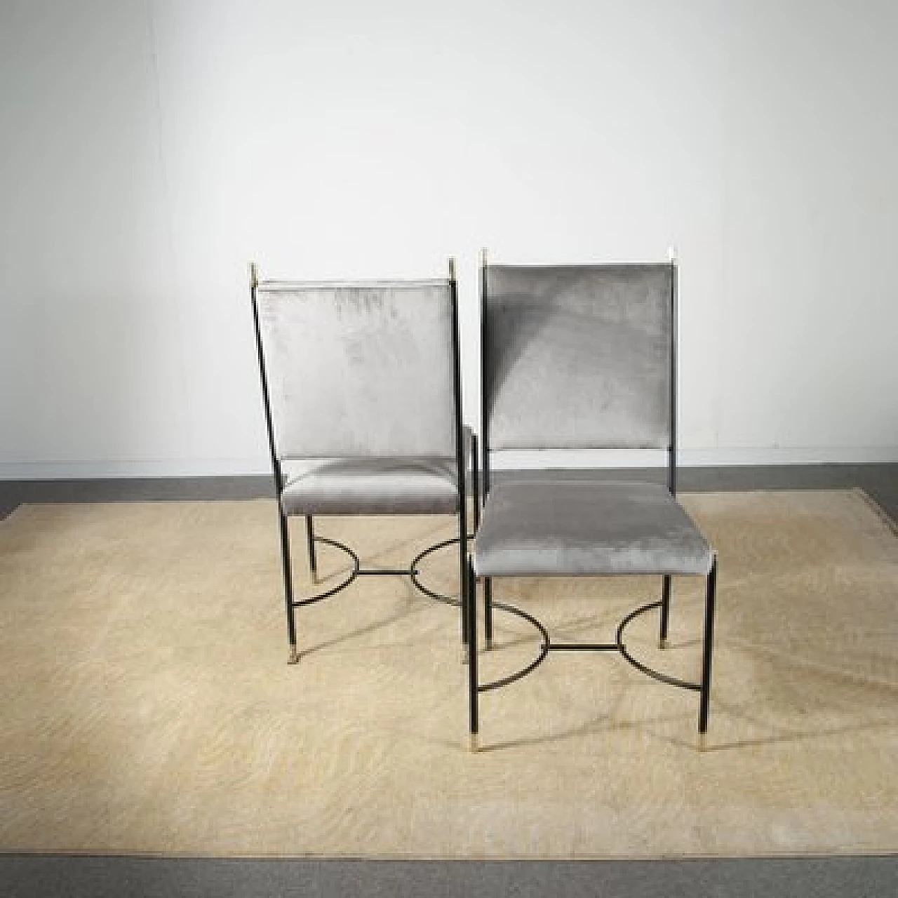 6 Chairs in iron, brass and velvet attributed to Luigi Caccia Dominioni, 1960s 2