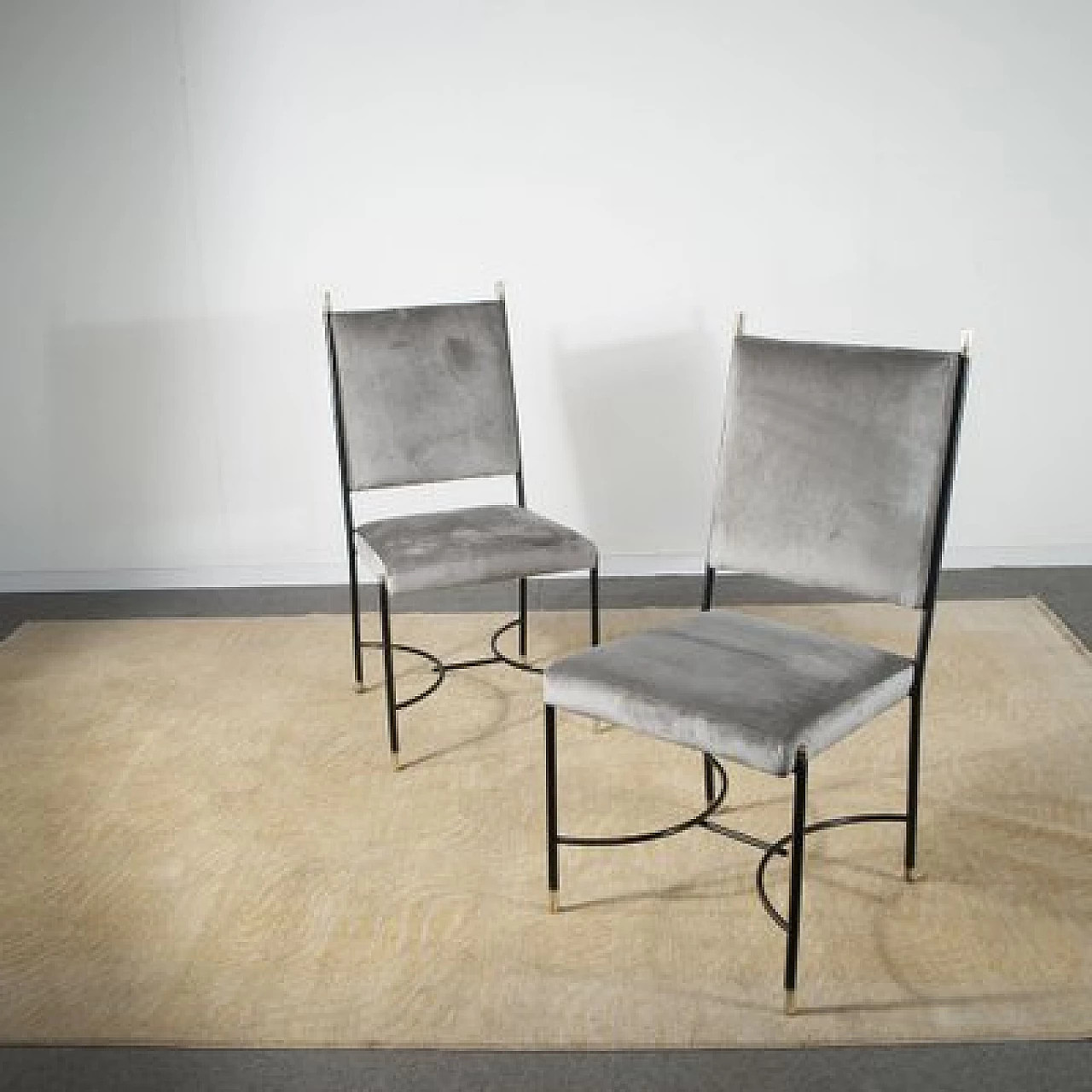 6 Chairs in iron, brass and velvet attributed to Luigi Caccia Dominioni, 1960s 3