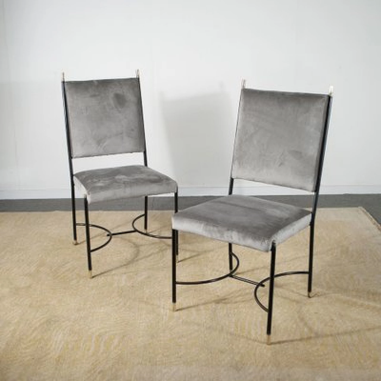 6 Chairs in iron, brass and velvet attributed to Luigi Caccia Dominioni, 1960s 4
