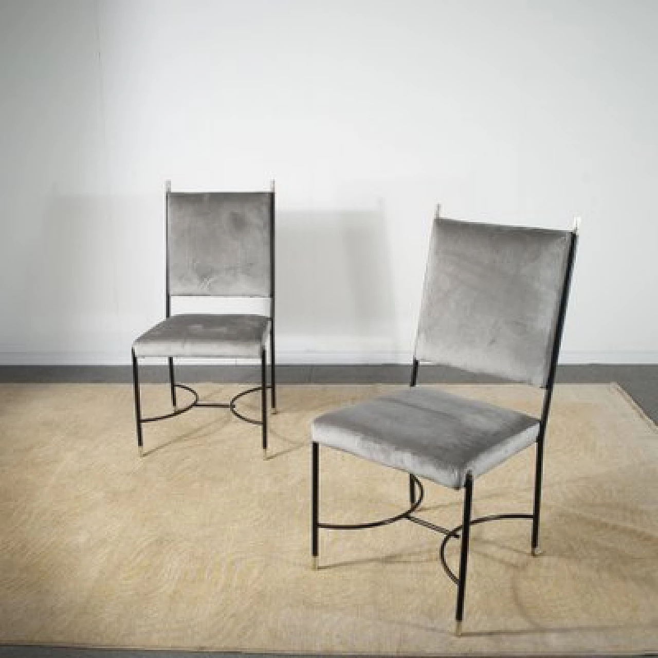 6 Chairs in iron, brass and velvet attributed to Luigi Caccia Dominioni, 1960s 5