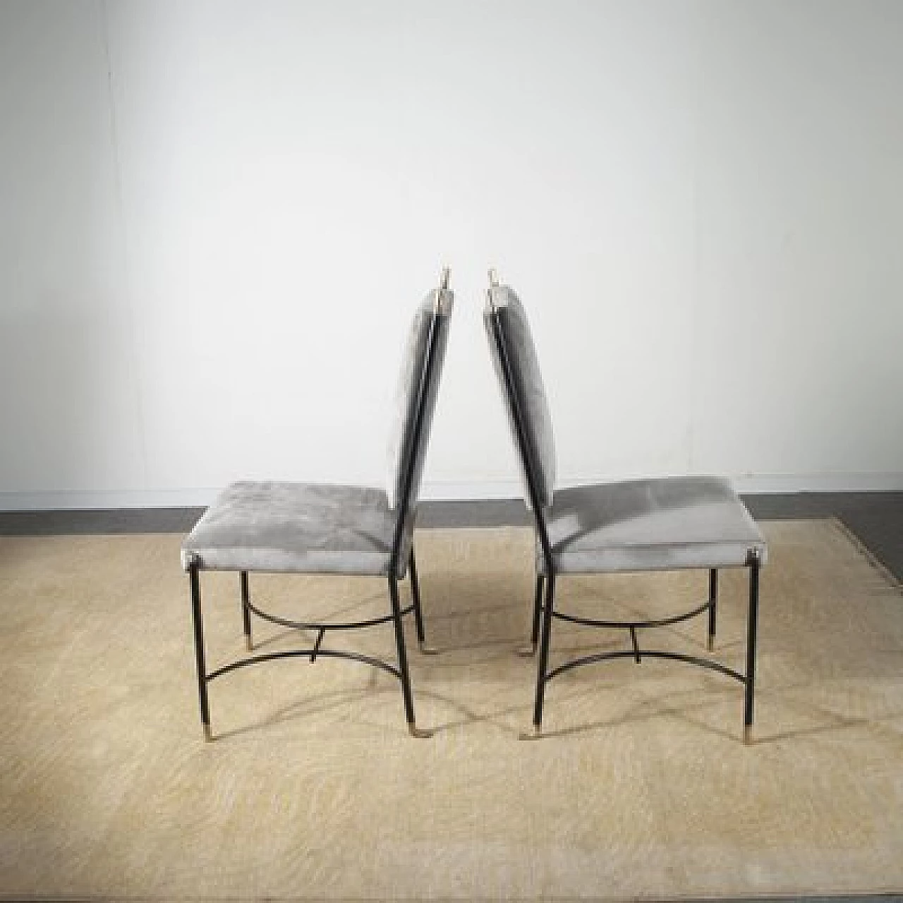 6 Chairs in iron, brass and velvet attributed to Luigi Caccia Dominioni, 1960s 6