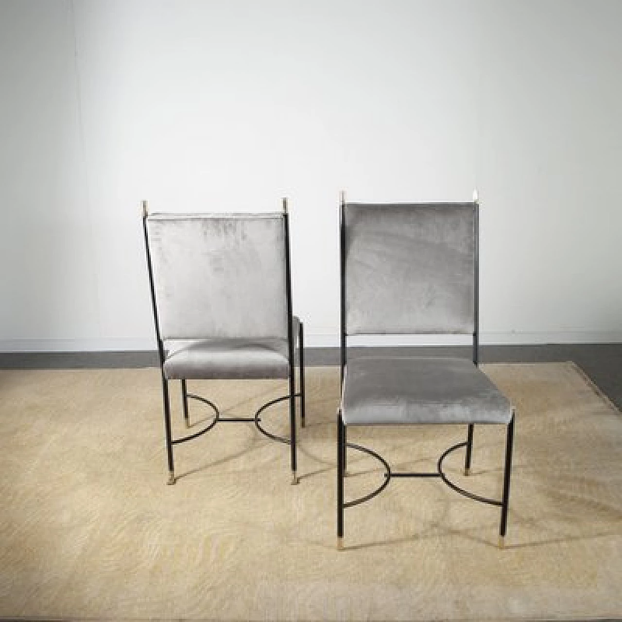 6 Chairs in iron, brass and velvet attributed to Luigi Caccia Dominioni, 1960s 7