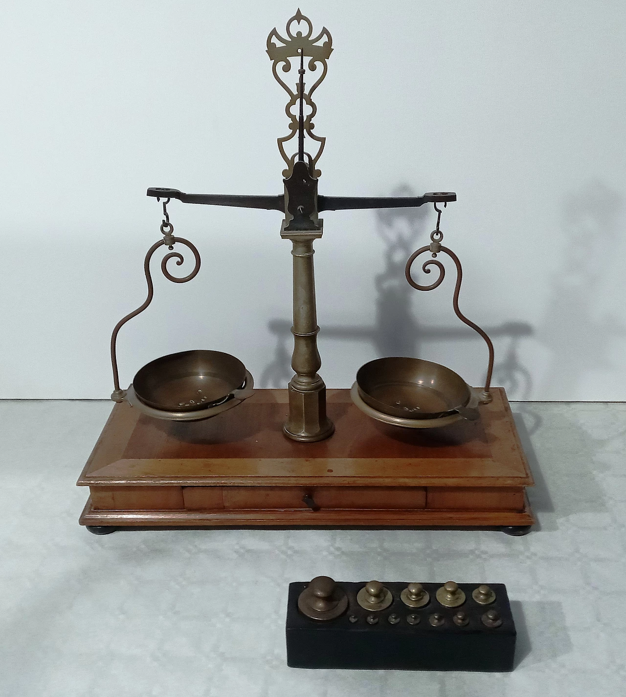 Wood and brass apothecary scale, 1950s 3