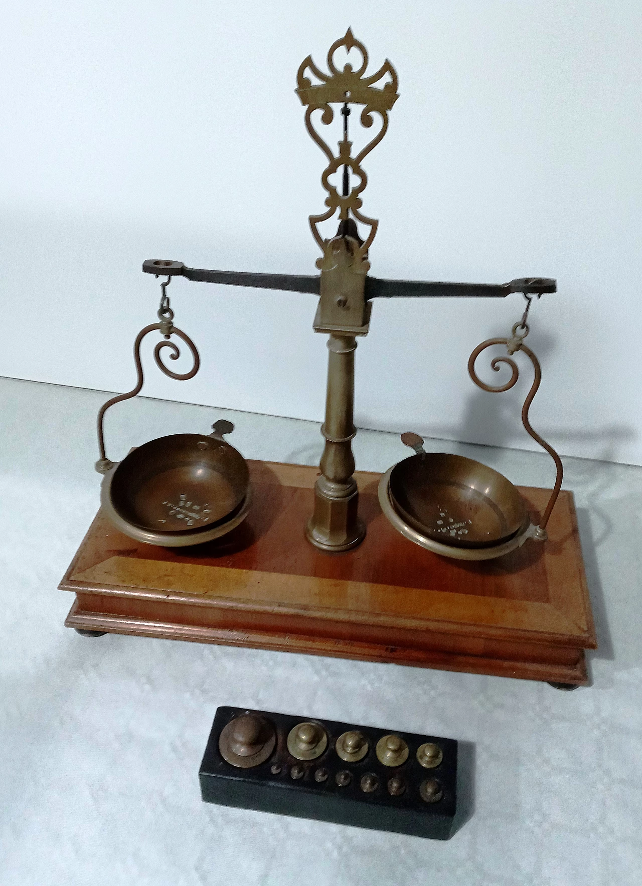 Wood and brass apothecary scale, 1950s 13