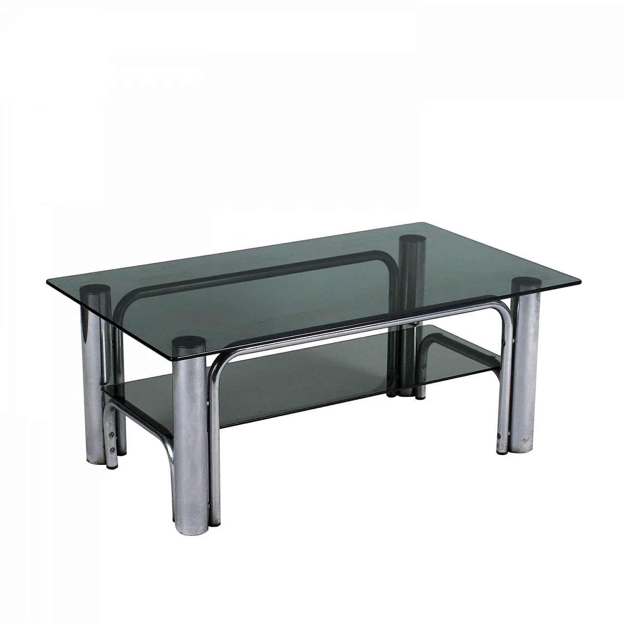 Coffee table in chrome-plated metal and smoked glass, 1970s 1