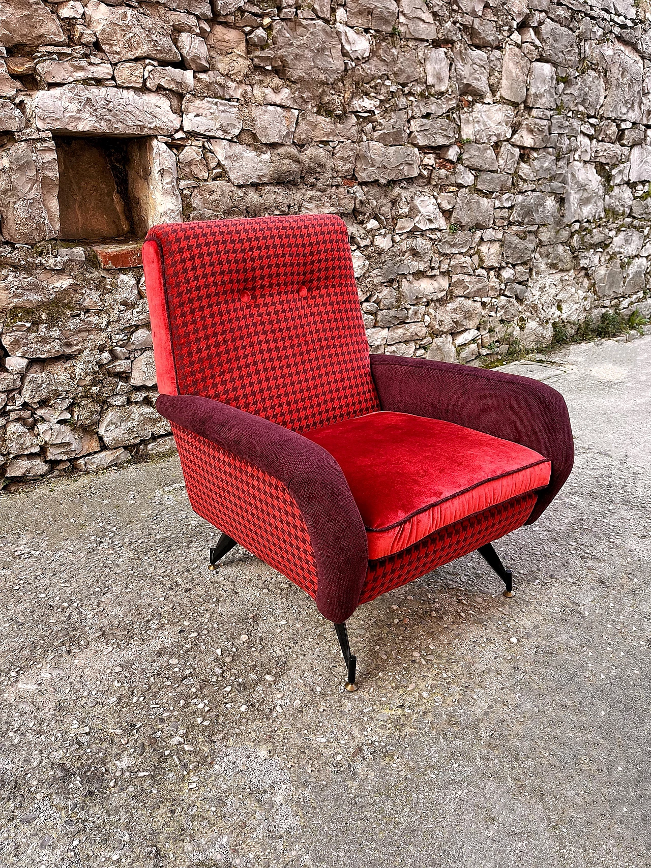 Red and purple houndstooth and velvet armchair, 1960s 1