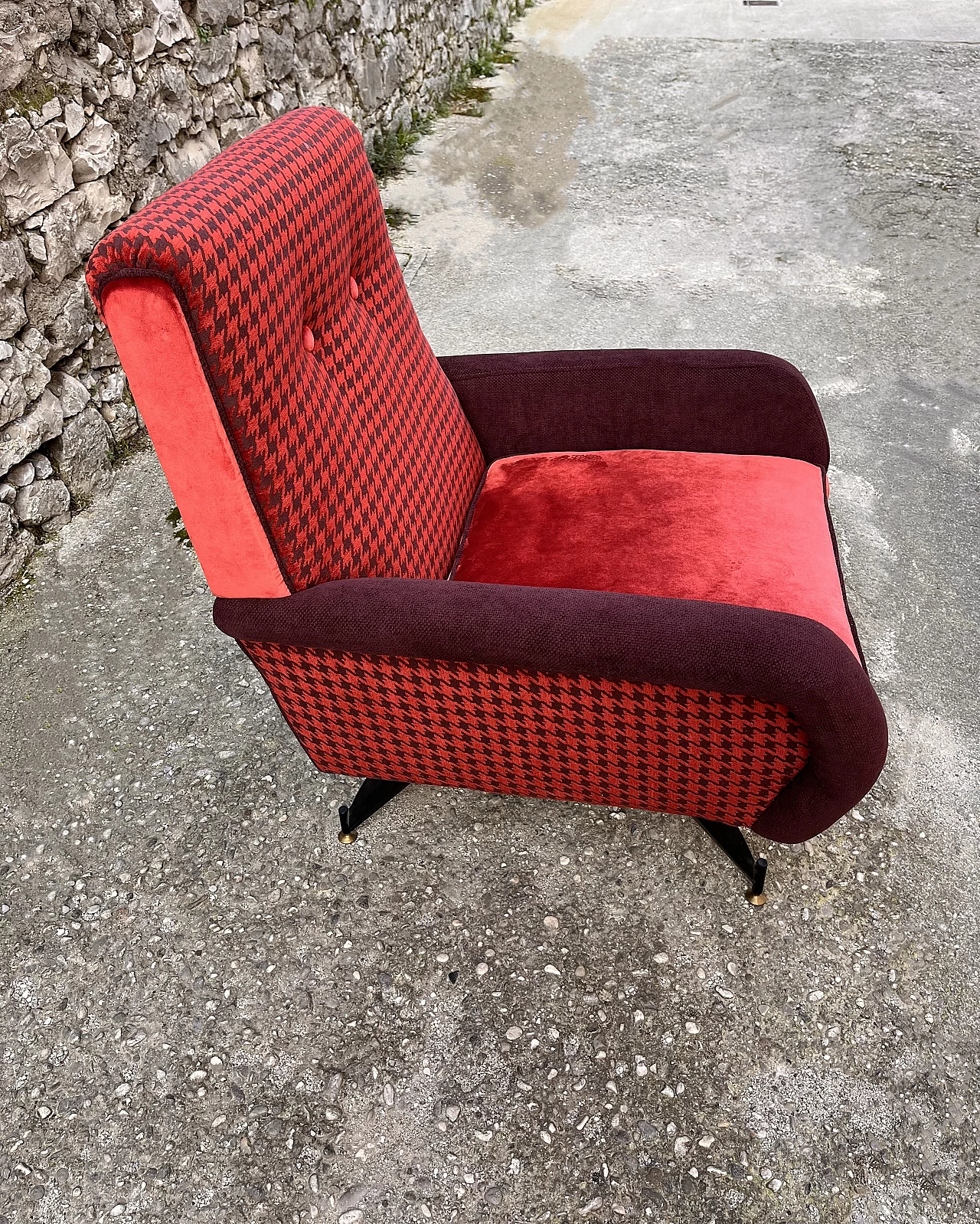 Red and purple houndstooth and velvet armchair, 1960s 3