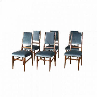 6 Chairs with velvet seat and wooden frame with slim backrest, 1950s