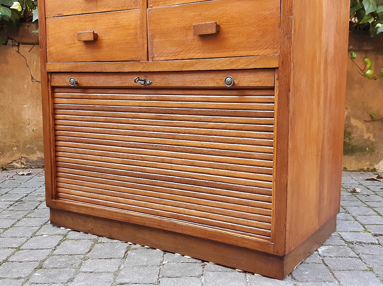 Oak filing cabinet with drawers and shutter, 1930s 1